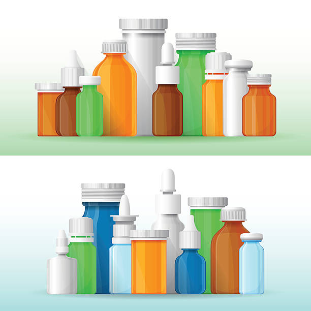 illustrations, cliparts, dessins animés et icônes de bannières de pharmacie vector avec des bouteilles médicales en style plat - large group of objects group of objects white background isolated on white