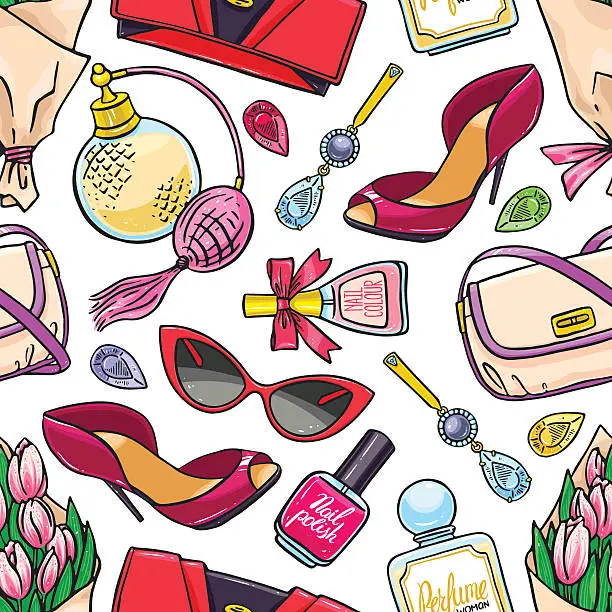 Vector illustration of seamless background of female things