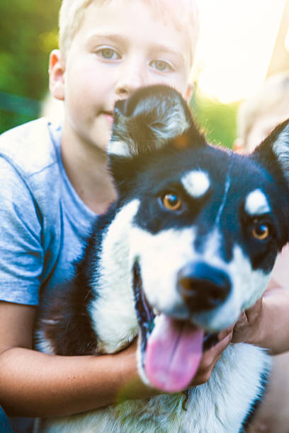 istock Boy with his dog best friend in sunset 586935854