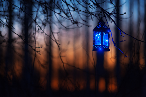 Lantern with blue Christmas lights