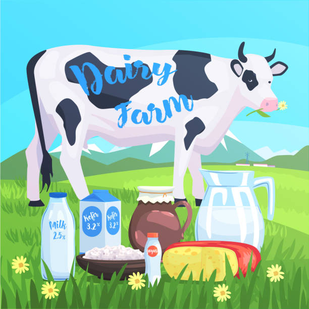 istock Landscape With Cow And Milk Products On The Foreground 586937932