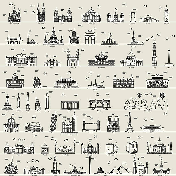 벡터 라인 세계 도시 일러스트 레이션 기호 건물 세트 컬렉션 - 인도네시아 일러스트 stock illustrations