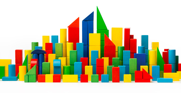 City Toy Blocks, Tower Building Color Houses, Wooden Town, White Isolated with Clipping Path