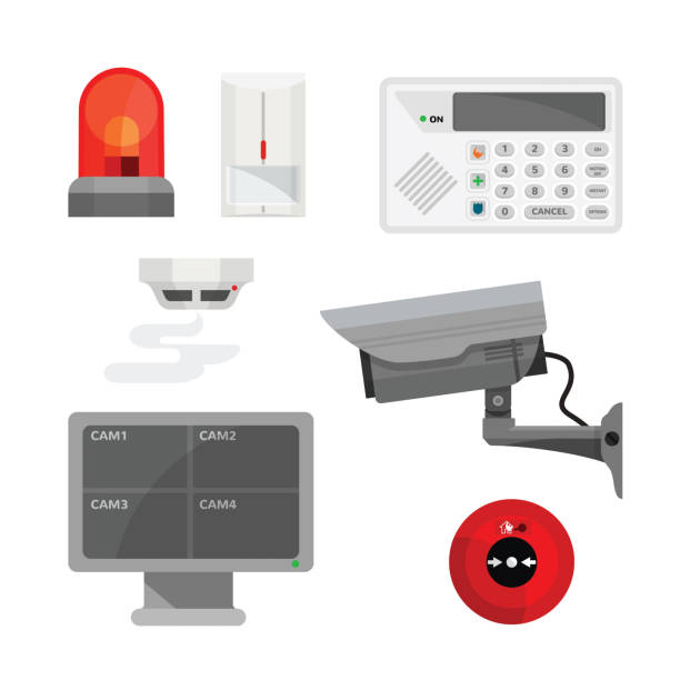 bildbanksillustrationer, clip art samt tecknat material och ikoner med set of different security system devices illustrations - security home