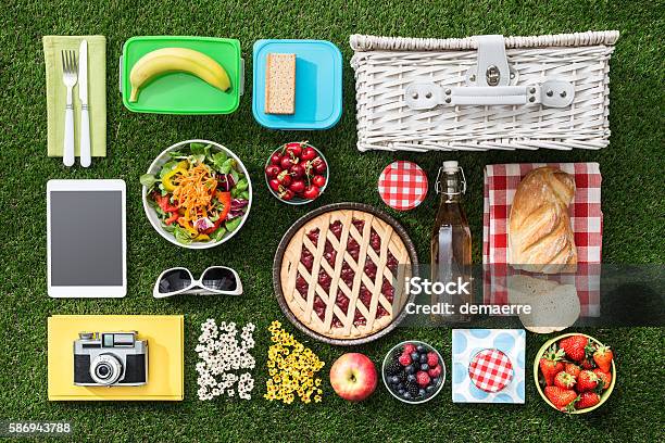 Picnic On The Grass Stock Photo - Download Image Now - Picnic, Knolling - Concept, Picnic Basket