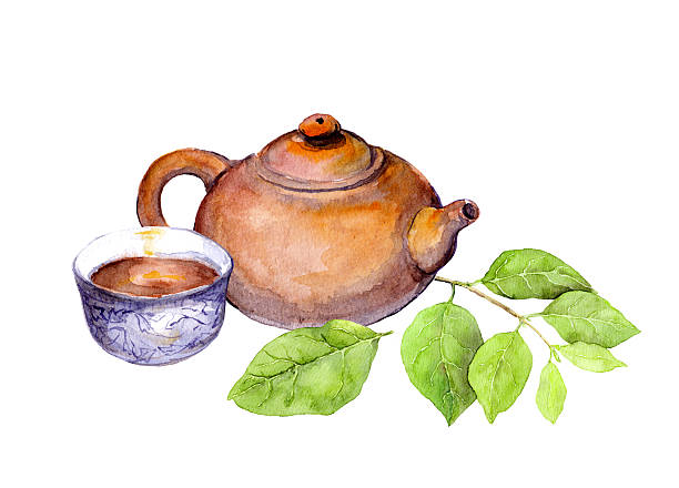 Japanese Vintage Teapot Tea Cup And Green Leaves Watercolor Stock  Illustration - Download Image Now - Istock