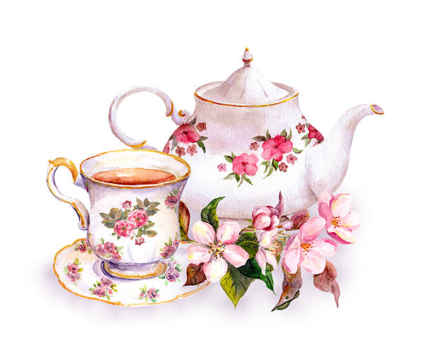 tee - tasse und teekanne mit blumen. vintage aquarell-design - tea cup afternoon tea tea teapot stock-grafiken, -clipart, -cartoons und -symbole