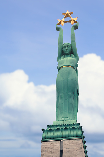 Close up of the liberty statue on top of the Freedom monument in Riga, Latvia.