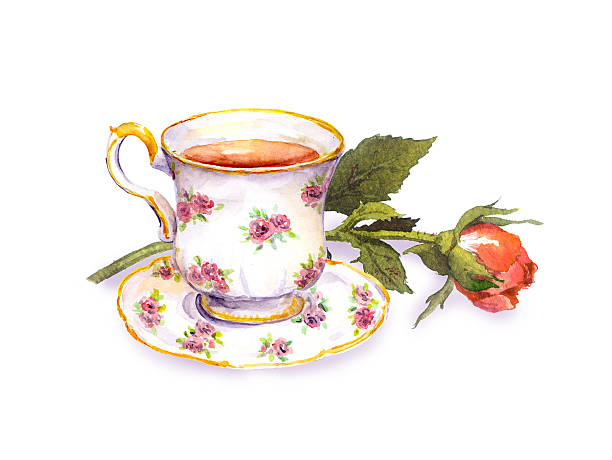 illustrations, cliparts, dessins animés et icônes de tasse de thé et fleur de rose. aquarelle - tea cup afternoon tea tea teapot