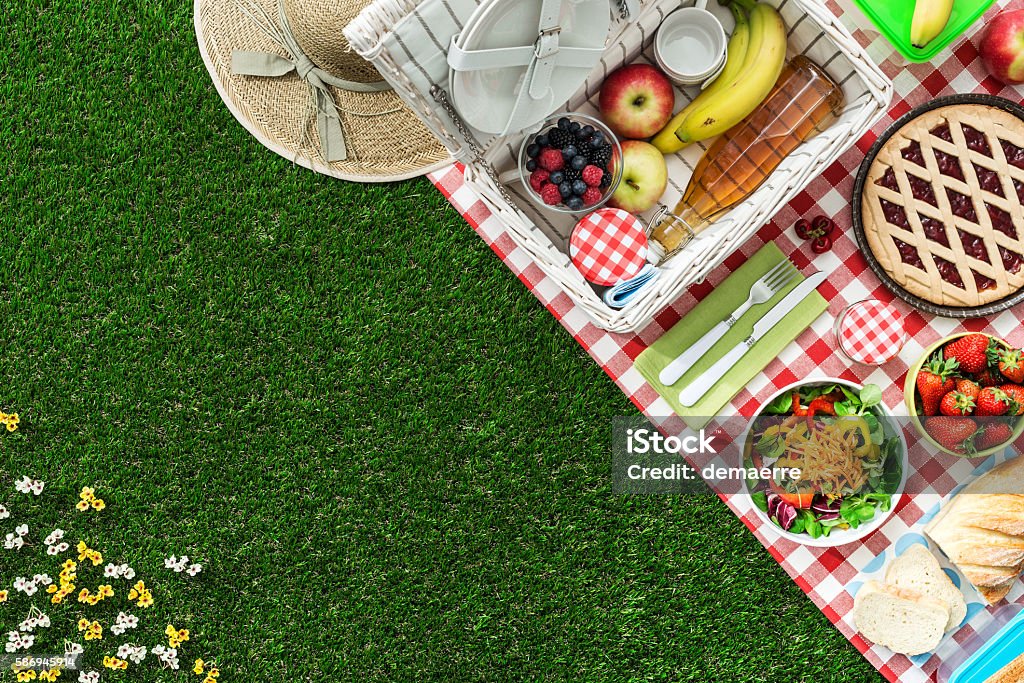 Picnic at the park Picnic at the park on the grass: tablecloth, basket, healthy food and accessories, top view Picnic Stock Photo