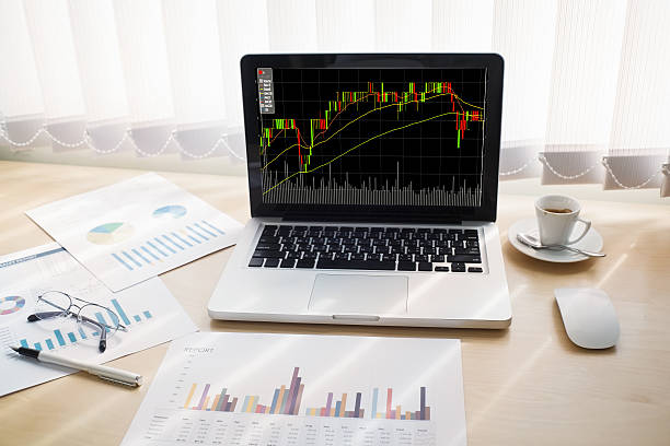 istock Stock graph on laptop screen with business report. 586948044