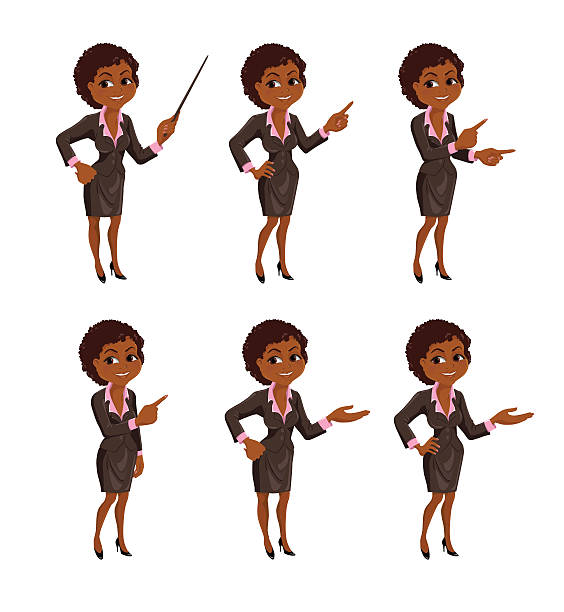 illustrazioni stock, clip art, cartoni animati e icone di tendenza di cartoon afroamericano business woman presentazione set - human hand thumbs up african descent white background