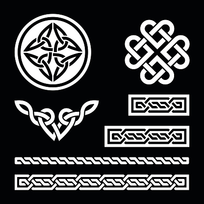 Celtic White Knots Braids And Patterns On Black Background Stock ...