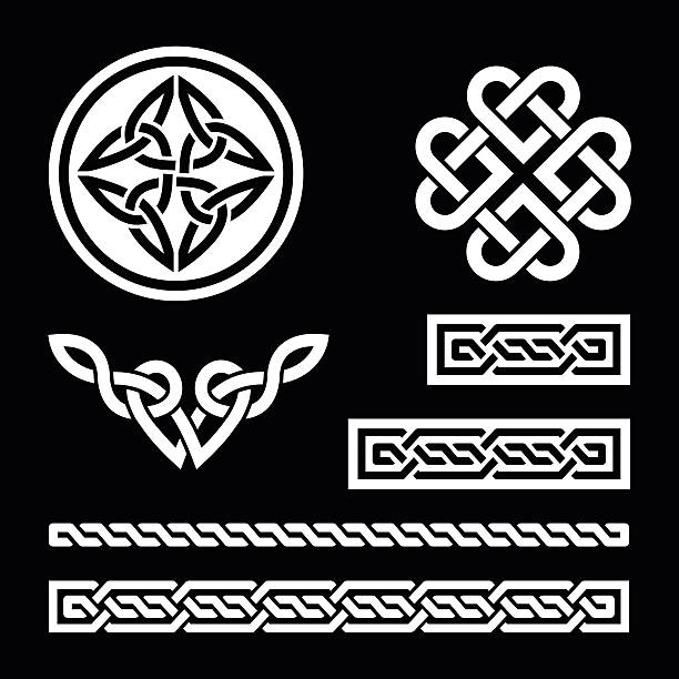 Celtic white knots, braids and patterns on black background Set of traditional Celtic symbols in white and black  celtic knot symbol of eternal love stock illustrations