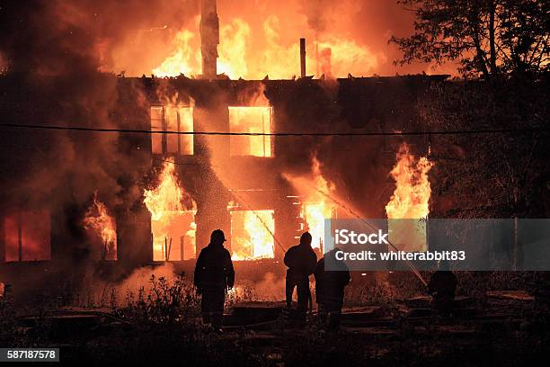 Firefighters Silhouettes On Fire Background Stock Photo - Download Image Now - Fire - Natural Phenomenon, House, Arson