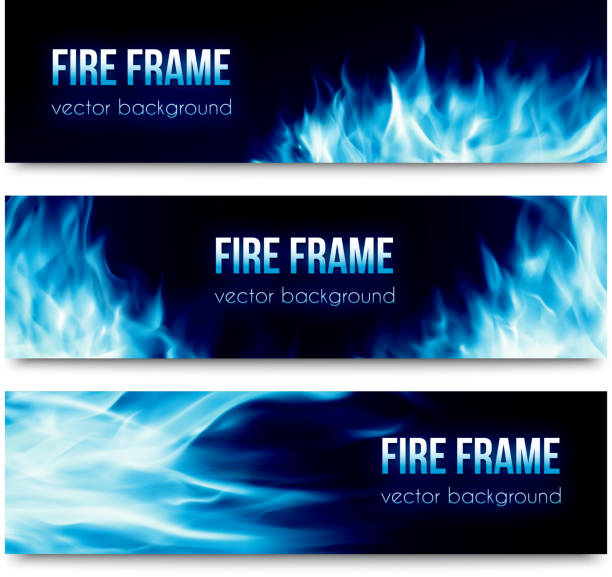 Abstract vector banners set with blue fire flames Set of black horizontal vector banners with realistic transparent bright blue fire flames isolated on white background. Abstract website header illustration or flyer templates blue flames stock illustrations