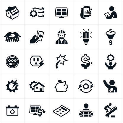 Icons representing solar energy, particularly as it applies to the residential sector. The icons include solar panels, solar installation, savings resulting from solar energy, electricity and renewable energy among others.