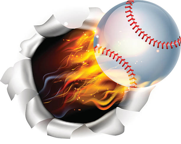 illustrazioni stock, clip art, cartoni animati e icone di tendenza di palla da baseball fiammeggiante che strappa un buco sullo sfondo - baseballs baseball breaking broken