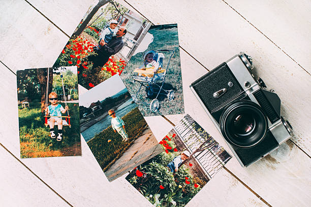 istock Retro film camera with retro photos 587189374