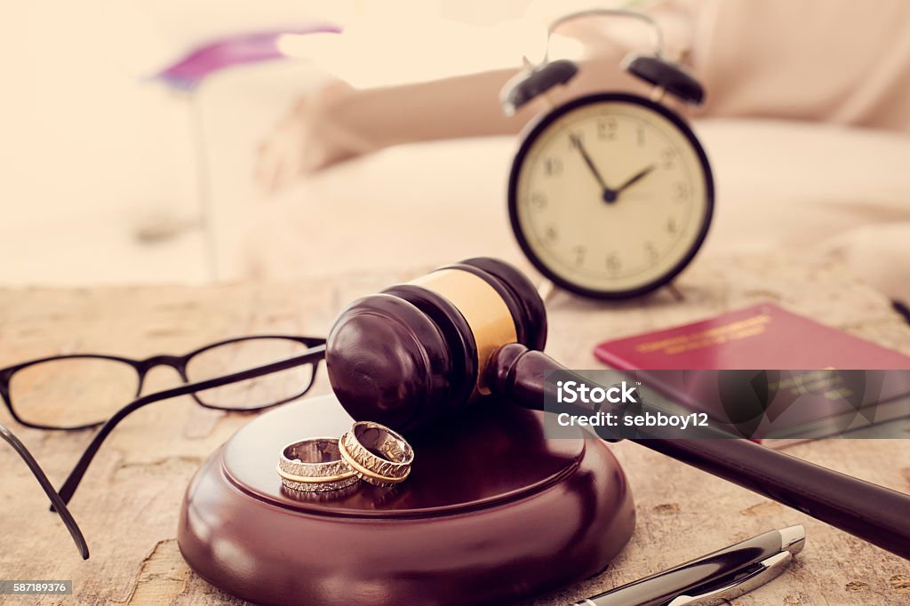 Law concept, gavel, clock and money on wooden table Blue-collar Worker Stock Photo