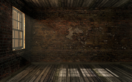Empty dark old abandoned room with old cracked brick wall and old hardwood floor with volume light through window pane. Haunted room in dark atmosphere with dim light, 3D rendering
