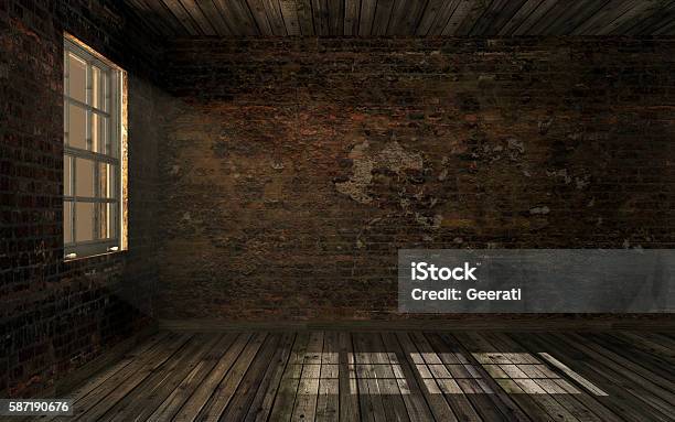 Empty Dark Abandoned Room With Volume Light Through Window Pane Stock Photo - Download Image Now