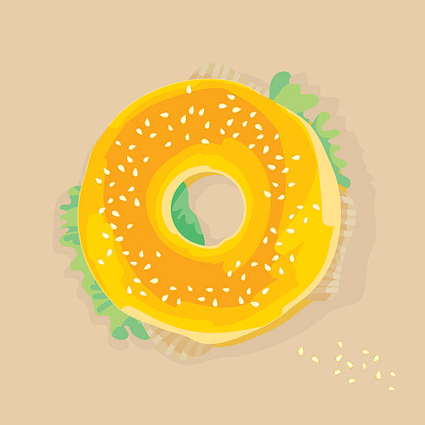 ファーストフードチキンサンドイッチ。種子フラットスタイルのポスターとベーグル。 - bagel bread isolated circle点のイラスト素材／クリップアート素材／マンガ素材／アイコン素材