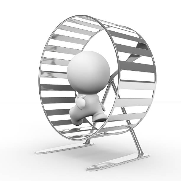 istock white 3d human character running in a hamster wheel 587193650