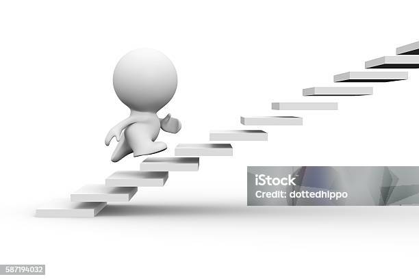 White 3d Human Character Running Up On Stairs Stock Photo - Download Image Now - Abstract, Adult, Adults Only