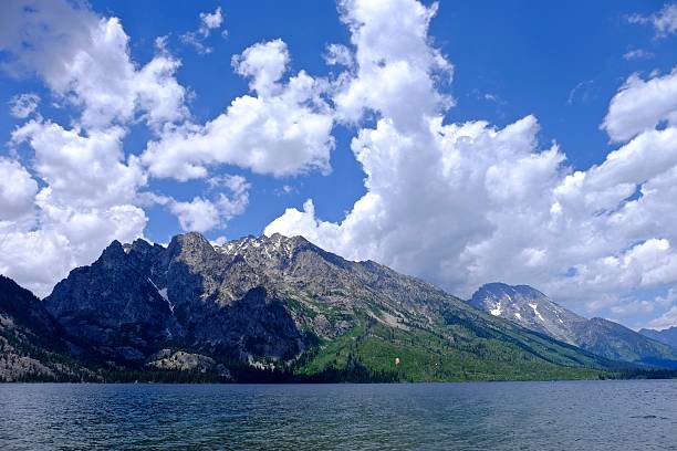 istock Blue sky with clouds and mountains by lake. 587197572