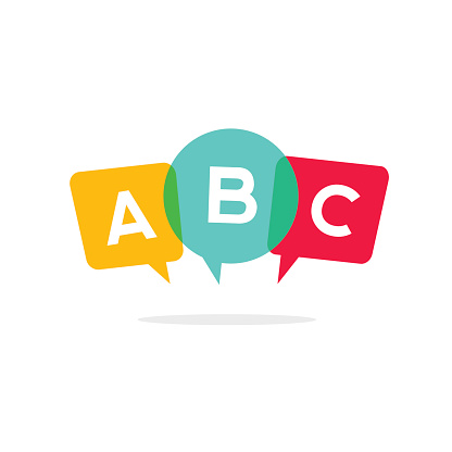 Learn ABC letters vector icon, child speaking conversation logo concept, language school badge isolated on white background, bubble speeches with three alphabet letters