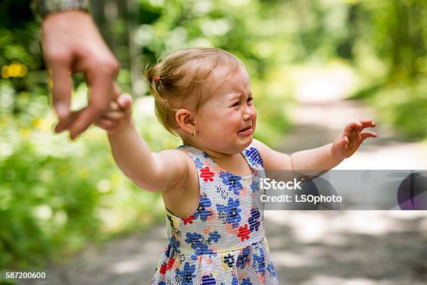 Little Girl In The Forest Park Stock Photo - Download Image Now - Crying, Forest, 12-23 Months