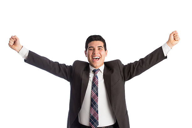 istock Young businessman with arms raised looking at camera 587201514