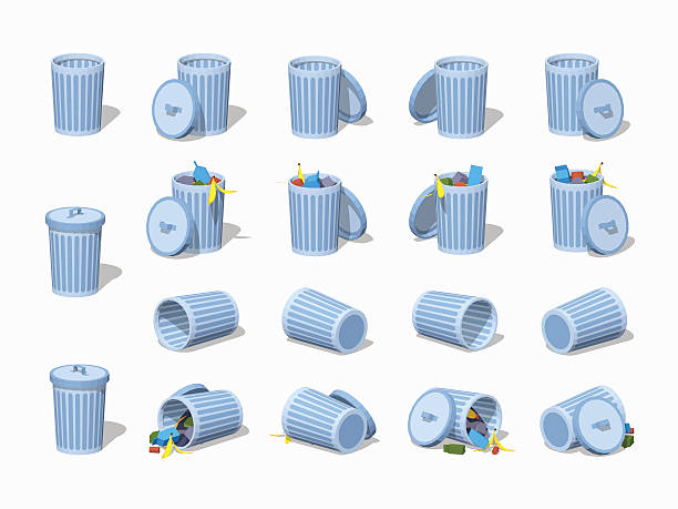 Set of the low poly trash cans Set of the trash cans. 3D lowpoly isometric vector illustration. The set of objects isolated against the white background and shown from different sides garbage can stock illustrations