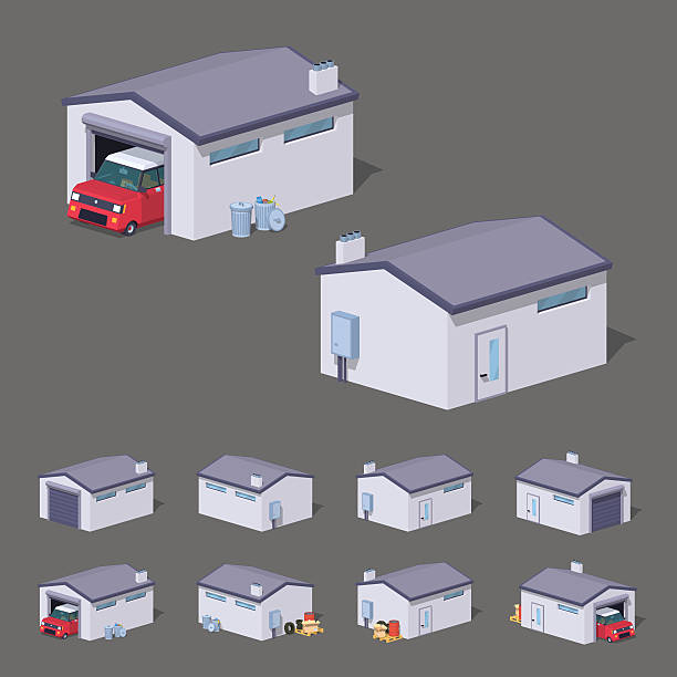 Low poly white garage White garage. 3D lowpoly isometric vector illustration. The set of objects isolated against the grey background and shown from different sides modern house driveway stock illustrations