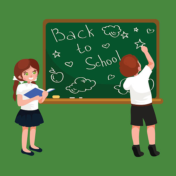 Back to school background, little girl and boy with books Back to school background, little girl and boy with school books writing on blackboard for back to school concept banner or card vector illustration melting girl stock illustrations