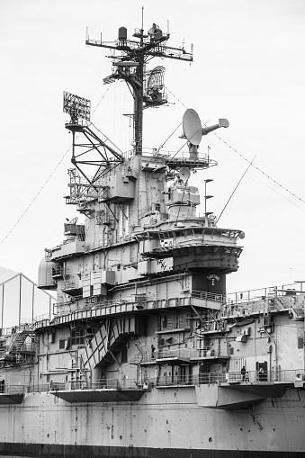 New York, United States - April 29, 2016: Aircraft carrier USS Intrepid fought in World War II. Today Intrepid is berthed on Hudson River as centerpiece of Intrepid Sea, Air and Space Museum