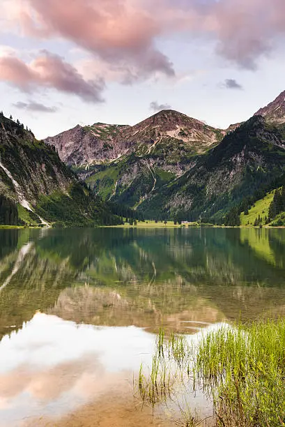 Summer Sunrise on Mountain Lake in the Alps (Vilsalpsee, Tannheim, Tyrol, Austria)