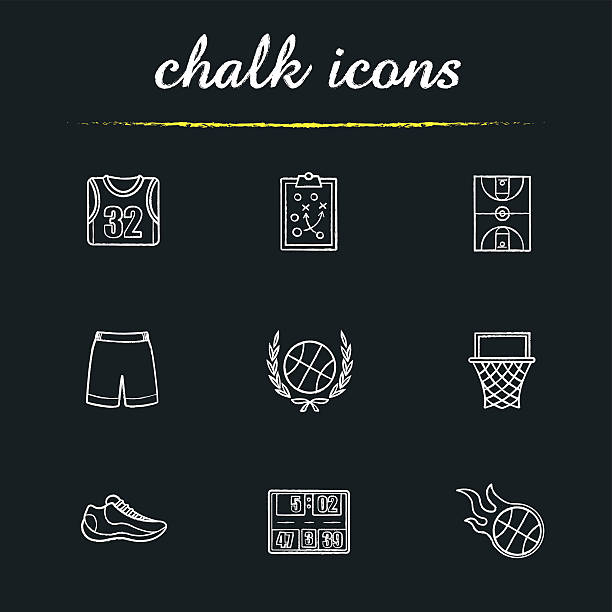 Basketball icons Basketball chalk icons set. Vector. Clipboard game plan, field, hoop, shirt, shorts and shoe, ball in laurel wreath, scoreboard and burning ball sports chalk stock illustrations
