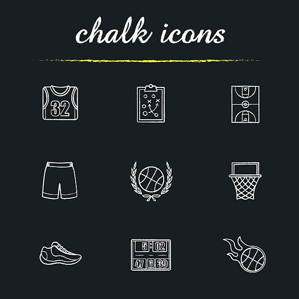 Basketball icons Basketball chalk icons set. Vector. Clipboard game plan, field, hoop, shirt, shorts and shoe, ball in laurel wreath, scoreboard and burning ball basketball chalk stock illustrations