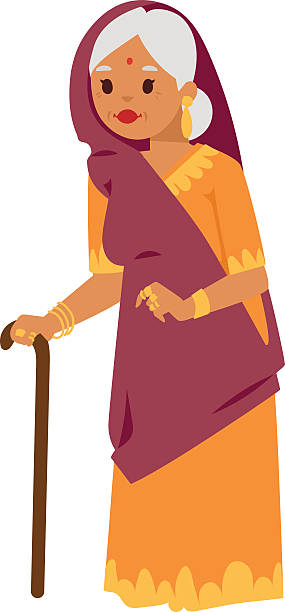 Vector illustration indian grandma Vector illustration of Indian culture grandma old woman standing figure. Indian old woman happy person. Ethnicity cheerful casual Indian people, traditional bollywood character. old indian stock illustrations