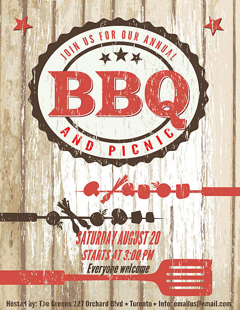 Vintage Faded BBQ Party Invitation Template Sign - Wood Background.
