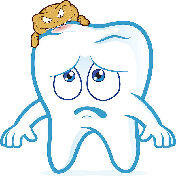 Tooth attacked by germs of caries Clipart picture of a tooth cartoon character attacked by germs of caries teeth clipart stock illustrations