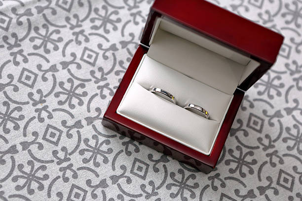 istock Gold wedding rings in the box with space for text 587209760
