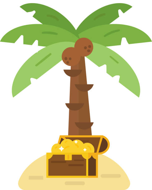 Treasure island vector illustration. Illustration of deserted treasure island. Travel sand green palm beach treasure island map symbol, ocean chest cartoon adventure. Antique summer box with gold money treasure island vector. treasure island map stock illustrations