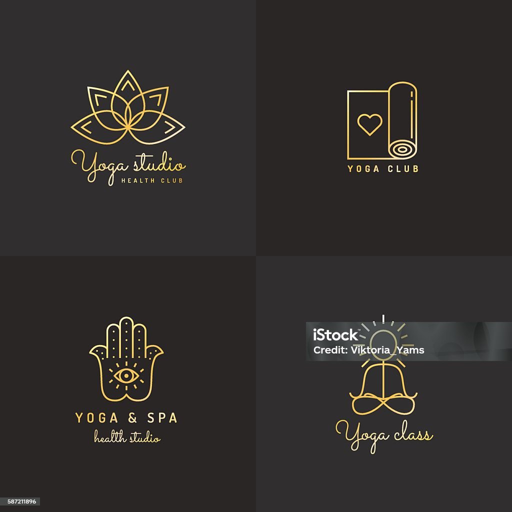 Gold yoga logo vector set. Vintage hipster design. Gold yoga logo vector set on the black background. Vintage hipster design. Gold Colored stock vector