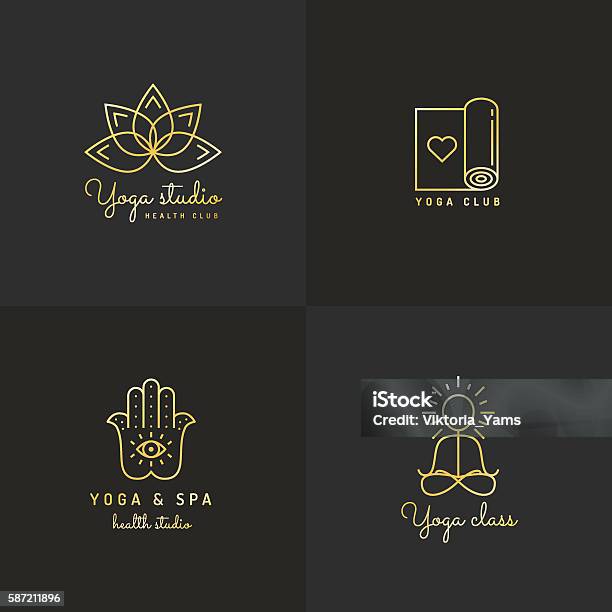 Gold Yoga Logo Vector Set Vintage Hipster Design Stock Illustration - Download Image Now - Gold Colored, Lotus Position, Lotus Water Lily