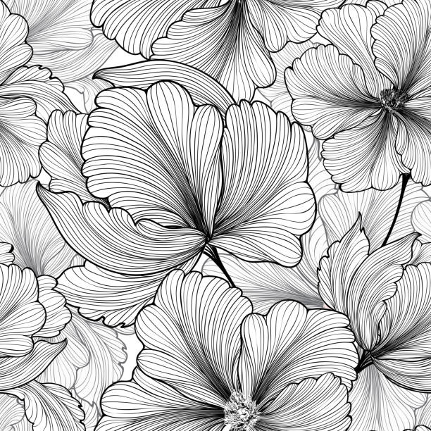 kwiatowy wzór bez szwu kwiat tła rozkwit okrojone płatki szkic - czarny kolor ilustracje stock illustrations