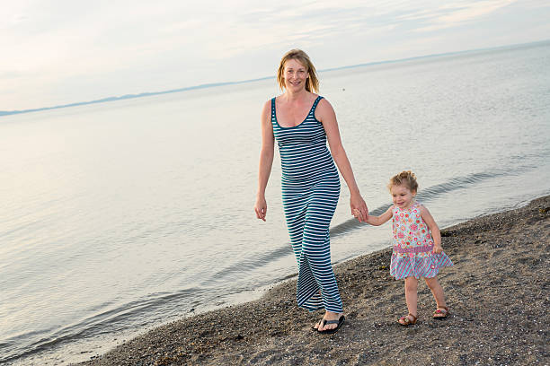 istock Mother and daughter on the beach side having fun 587215336