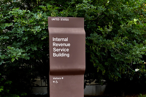 Signat the corner of Internal RevenueService  Building in Washington DC